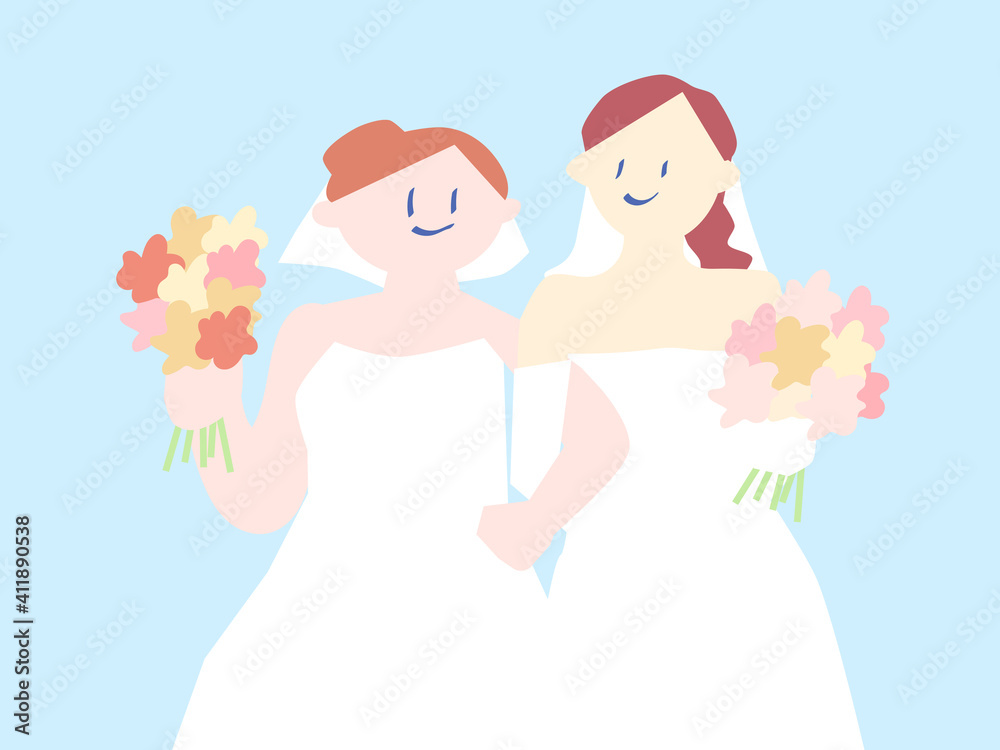 花束を持ったウェディングドレスのレズビアンカップル 同性婚 同性結婚 のイラスト Stock Vector Adobe Stock