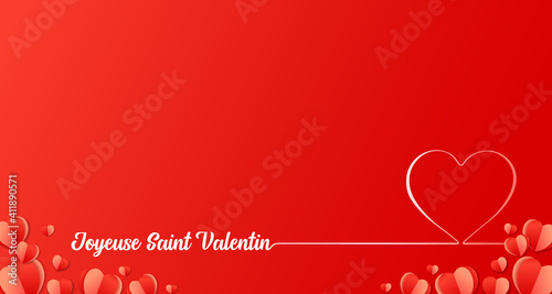 Joyeuse Saint Valentin French line lettering - Happy Valentines Day with red paper heart on background. Horizontal Valentine holiday calligraphy poster with hearts, vector France banner design