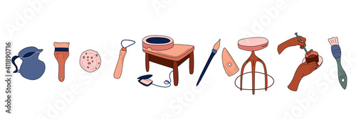 Clay crafting equipment set in doodle style. Pottery making, tools and instruments for workshop. Sculpture art and ceramics production. Handiwork process or hobby.Vector.Horizontal banner