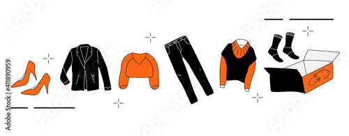 Clothes donation with charity box.Swapping,changing.Doodle style garment elements.Contribution in Eco lifestyle,recycling.Giving wardrobe second life. Flea Market.Orange and black.Horizontal banner
