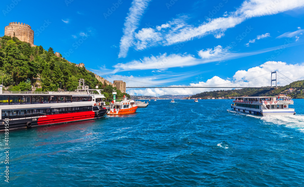Ships in the Bosphorus near the Rumeli Hisari castle, Istanbul