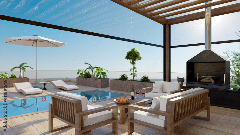 3D render of elegant wooden deck with swimming pool and outdoor furniture