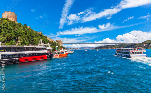 Ships in the Bosphorus near the Rumeli Hisari castle, Istanbul