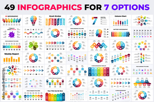 49 Infographics for 7 options. Presentation slide templates. Circle chart diagrams. Cycle options. Business report. Creative signs and symbols.
