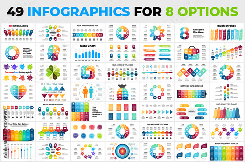 Infographics Set for 8 steps. Arrows elements, timelines. Presentation slide templates. Marketing or business, medicine and ecology. Circle chart diagrams. Cycle options.