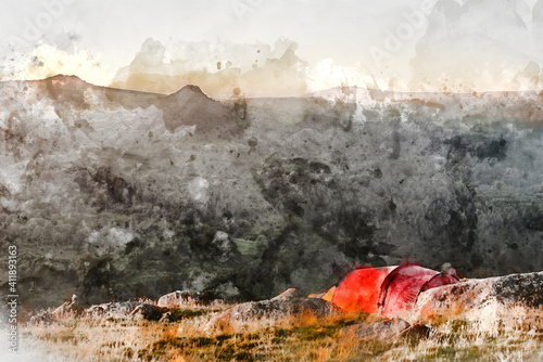 Digital watercolor painting of Stunning image of wild camping in English countryside during stunning Summer sunrise with warm glow of the sun lighting the landscape photo