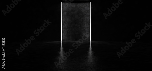 A glowing portal in a dark space. A glowing abstract rectangle of white color. 3D render.
