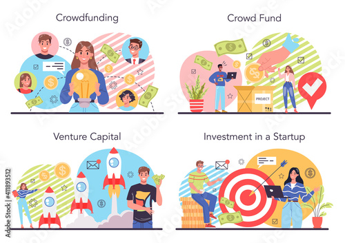 Crowdfunding concept set. Financial support of new business project.