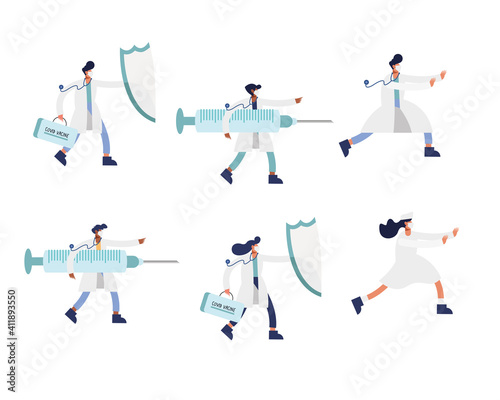 doctors staff wearing medical masks with vaccine set icons