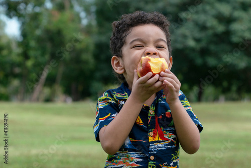 Portrait of half African half Asian 4 year old child happy to eat an apples at outdoor park, healthy fruit for children photo