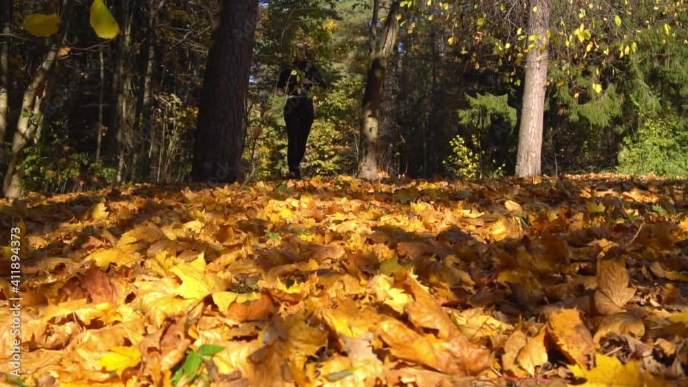 Running woman in autumn forest. Woman jogging on fall leaves in slow motion. Running woman in autumn forest. Woman jogging on fall leaves in slow motion.