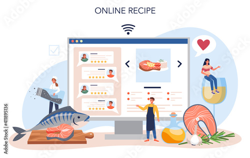 Salmon steak online service or platform. Chef cooking grilled fish