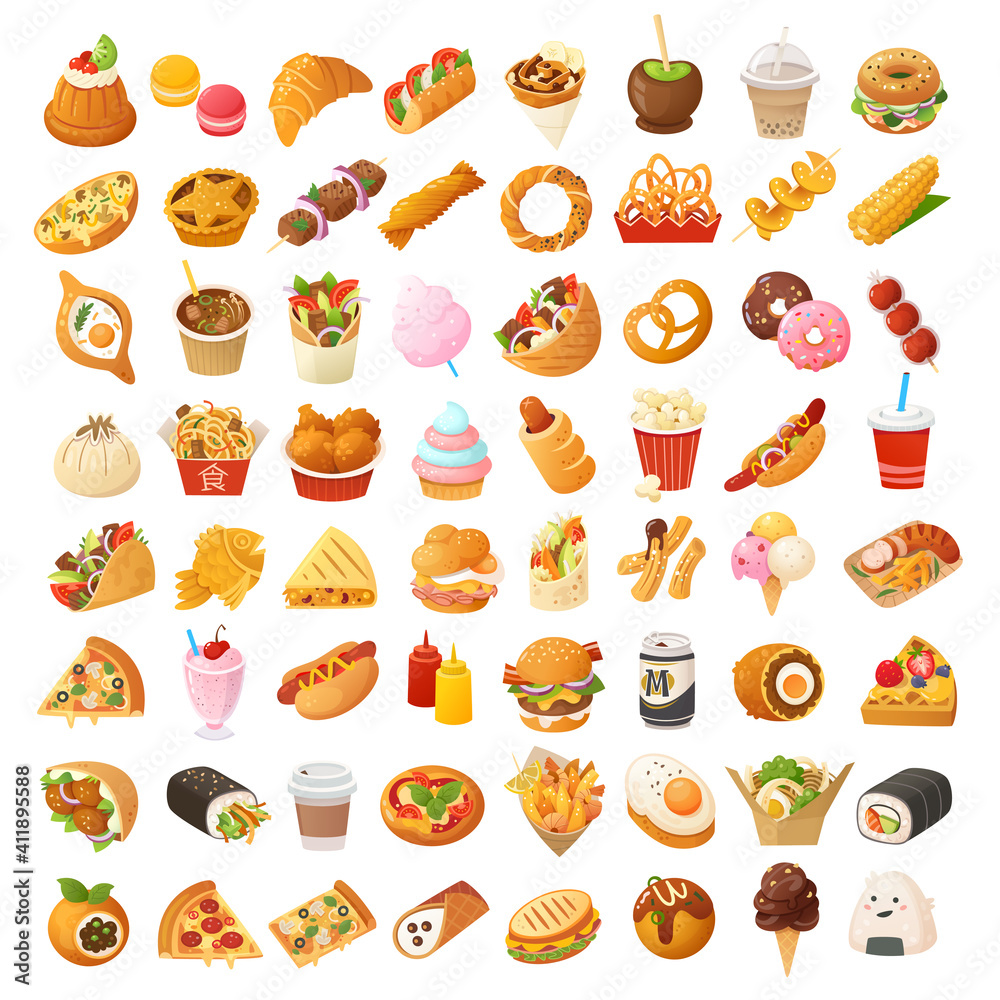 Big variety of colorful fast foods from many countries of the world. Pastry, desserts, fun fair treats, breakfast and lunch snacks from street vendors and cafe. Set of isolated vector cartoon icons. Big variety of colorful fast foods from many countries of the world. Pastry, desserts, fun fair treats, breakfast and lunch snacks from street vendors and cafe. Set of isolated vector cartoon icons.