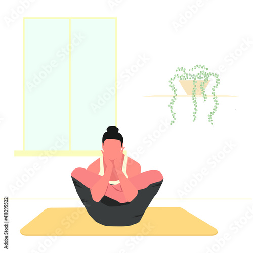 Vector illustration Woman practicing Garbha Pindasana asana or fetal position in the womb. Girl doing yoga exercises at home