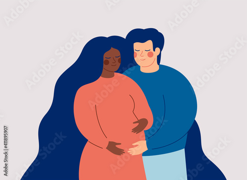 Young man supports and cares his black pregnant woman. The husband embraces his wife expecting a baby. Family concept. Vector illustration
