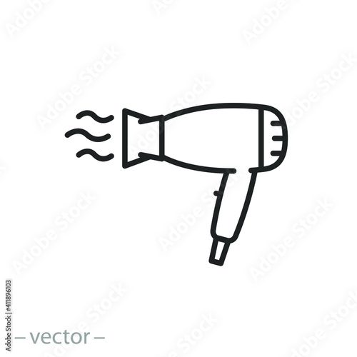 dryer hair icon, hairdryer with blow air, use appliance, thin line web symbol on white background - editable stroke vector illustration eps10