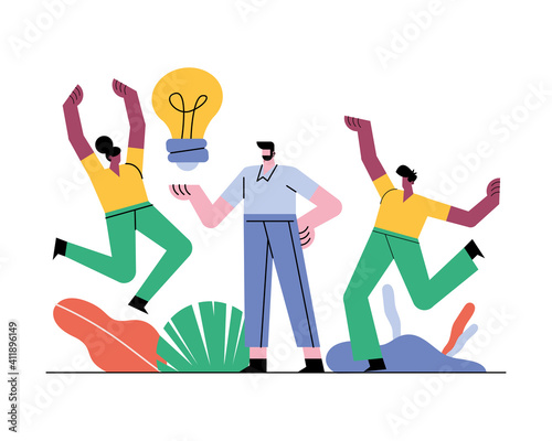 teamworkers characters with bulb outside