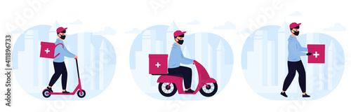 Delivery of medicine to home. Man courier in protective mask delivers medications by electric scooter, by motorcycle, by foot