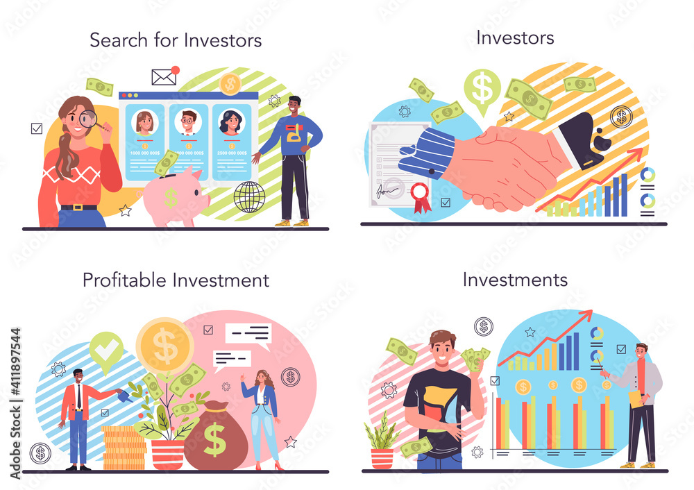 Investor concept set. Investing stategy, fundamental analysis, deversification Investor concept set. Investing stategy, fundamental analysis, deversification