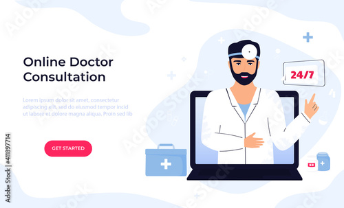Man otorhinolaryngologist doctor with head reflector consults online by video call on laptop. Ent clinic. Telemedicine concept. Chat with a medical worker. Web page template