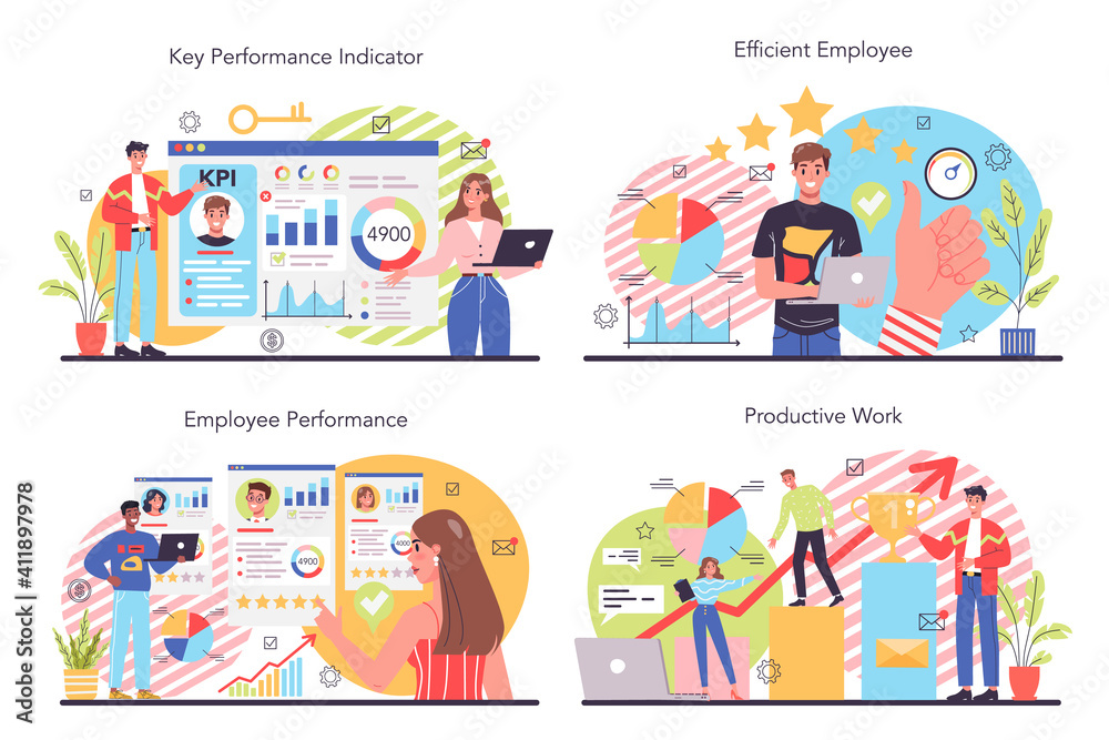 KPI concept set. Key performance indicators. Employee evaluation