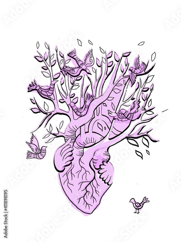 Human anatomical heart in tattoo style with veins like tree roots, branches, and birds flying as symbol of eternal life