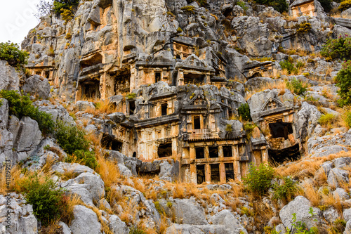 Ruins of the ancient lycian rock tombs in town Demre. Ancient Myra city. Antalya province, Turkey