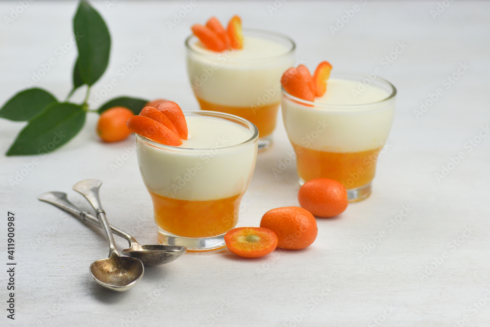 Italian dessert panna cotta with mandarin jelly  decorated with slice of fruits on white background.