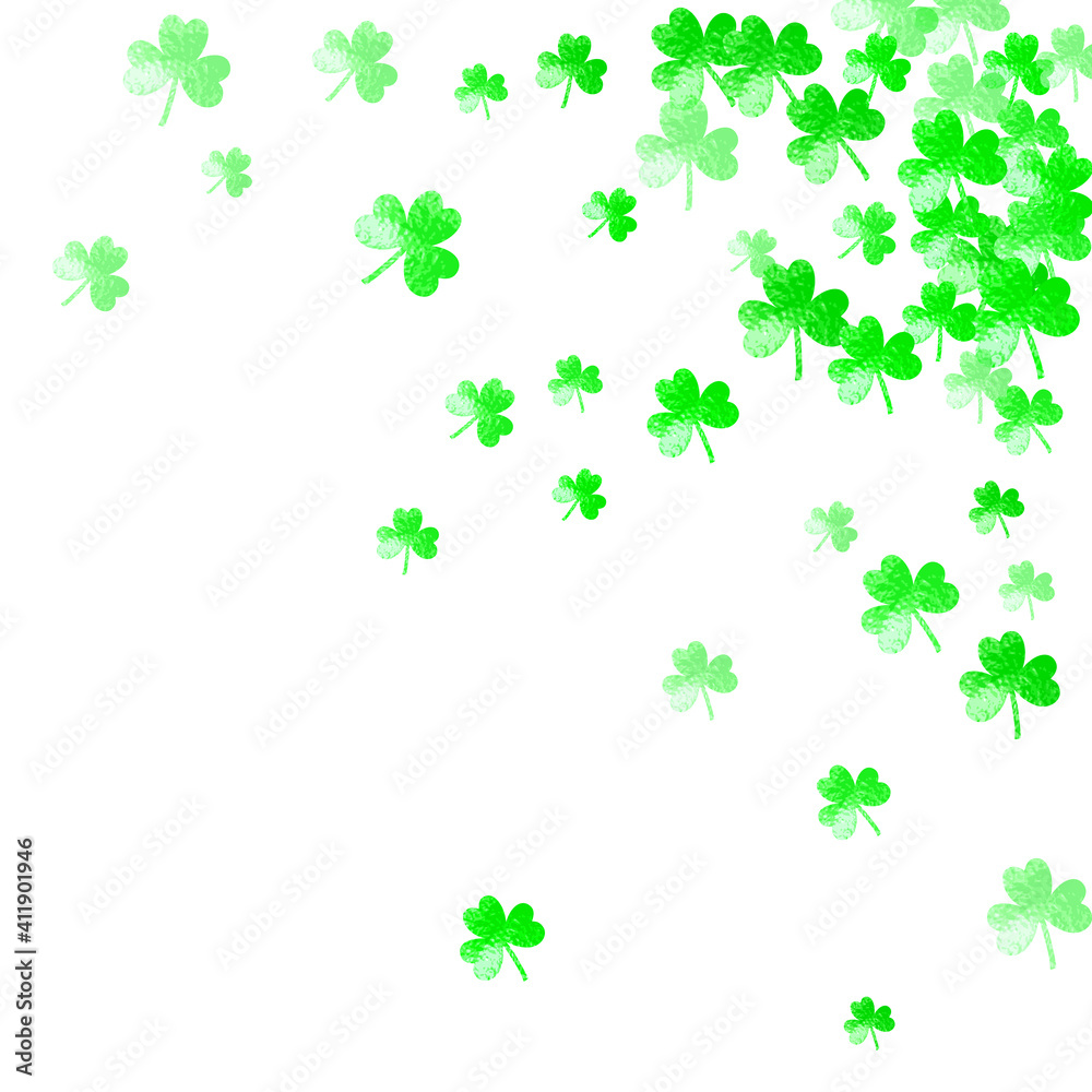Clover background for Saint Patricks Day. Lucky trefoil confetti. Glitter frame of shamrock leaves. Template for poster, gift certificate, banner. Festive clover background. Clover background for Saint Patricks Day. Lucky trefoil confetti. Glitter frame of shamrock leaves. Template for poster, gift certificate, banner. Festive clover background.