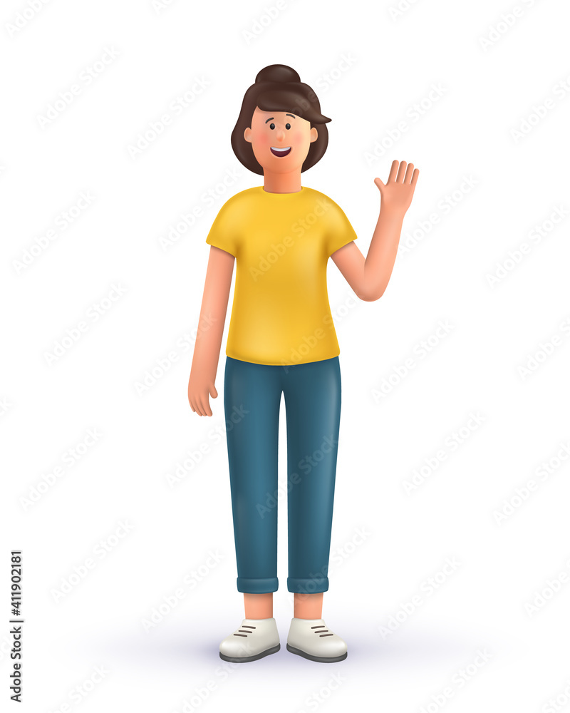 3D cartoon character. Young woman greeting gesture, standing on a white background, say hello.