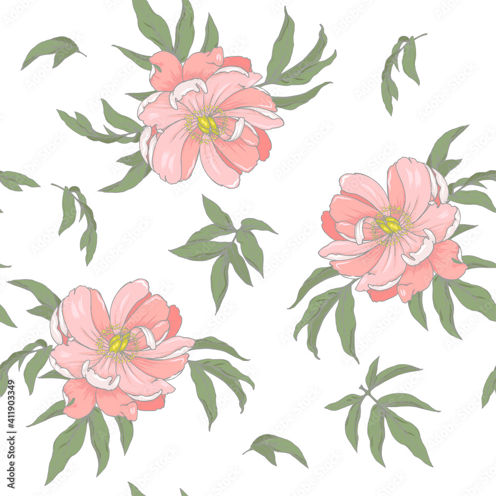 peony flower and leaf pattern on white background, seamless