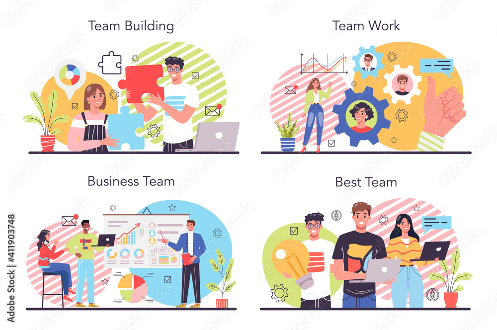 Business team concept set. Idea of strategy and achievement in teamwork Business team concept set. Idea of strategy and achievement in teamwork