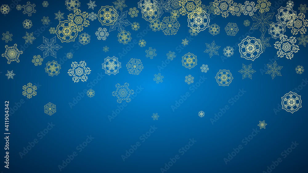 New Year snow on blue background. Gold glitter snowflakes. Christmas and New Year snow falling backdrop. For season sales, special offers, banner, cards, party invite, flyer. Horizontal frosty winter. New Year snow on blue background. Gold glitter snowflakes. Christmas and New Year snow falling backdrop. For season sales, special offers, banner, cards, party invite, flyer. Horizontal frosty winter.