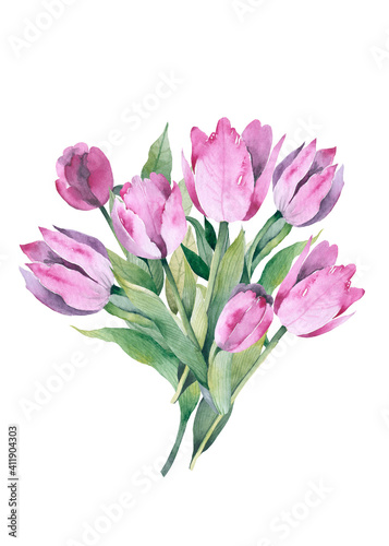Realistic tulips set. Not trace. The blank for your design. Pink tulips flowers on white background.