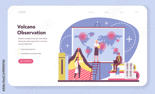 Volcanologist web banner or landing page. Geologist studying