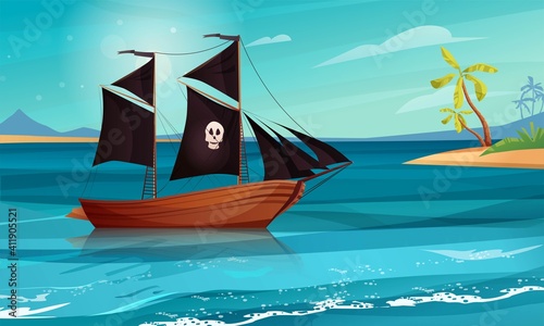 Fotografia Sailing pirate ship with black flags in the sea