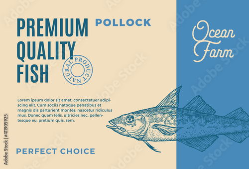 Premium Quality Pollock. Abstract Vector Food Packaging Design or Label. Modern Typography and Hand Drawn Fish Sketch Silhouette Background Layout