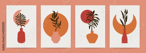 Abstract vase tropical leaves poster. Contemporary minimal art background, wall decor, social media, Vector set