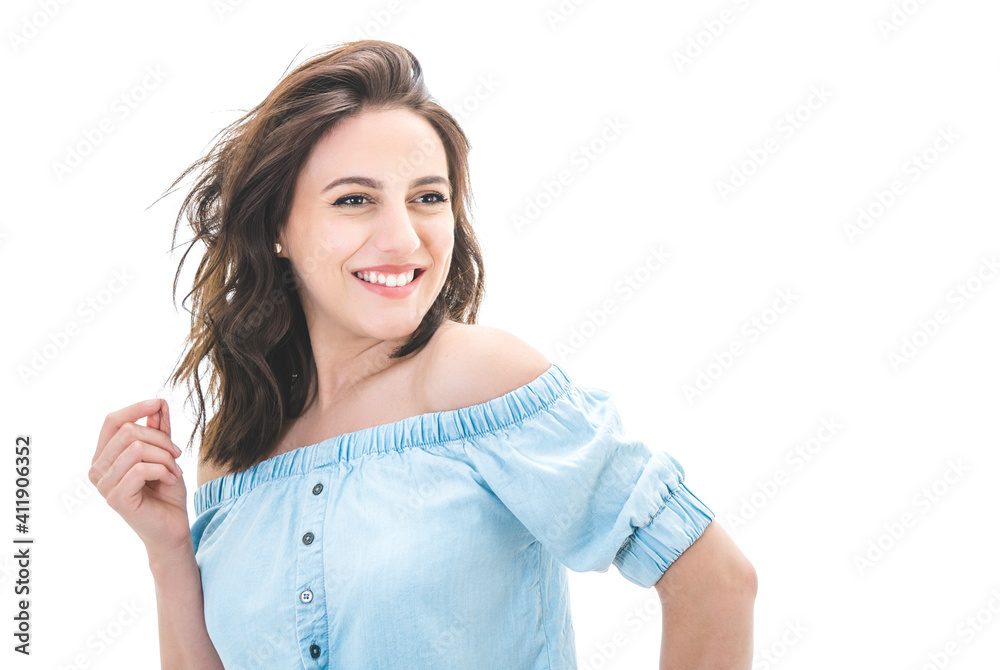 Close-up lovely woman, isolated on white background. Cute girl keeps hands on cheeks Close-up lovely woman, isolated on white background. Cute girl keeps hands on cheeks