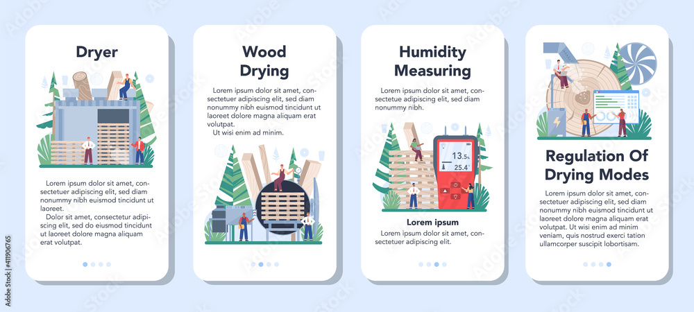Wood industry mobile application banner set. Wood drying