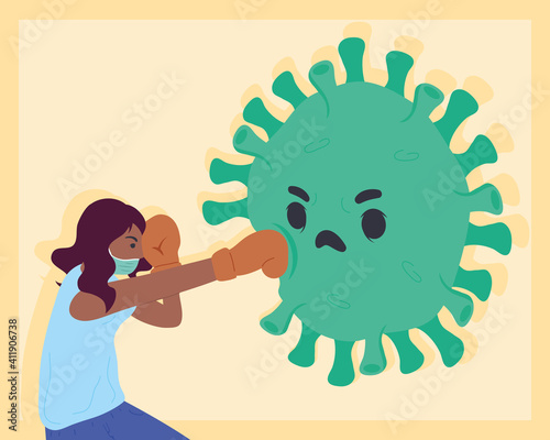 afro woman boxing vs covid19 particle character