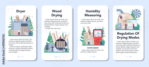 Wood industry mobile application banner set. Wood drying