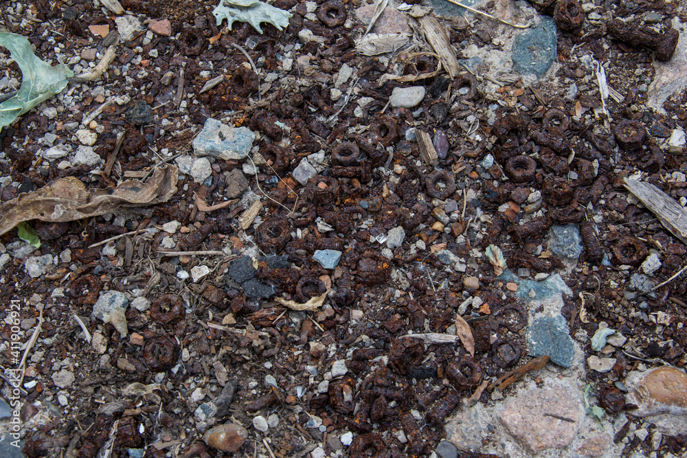 Rusty bolts and nuts lying on the ground.
