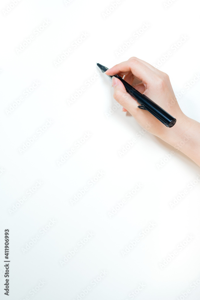 work and learn online in new normal concept from black pen in woman hand write to white isolated background