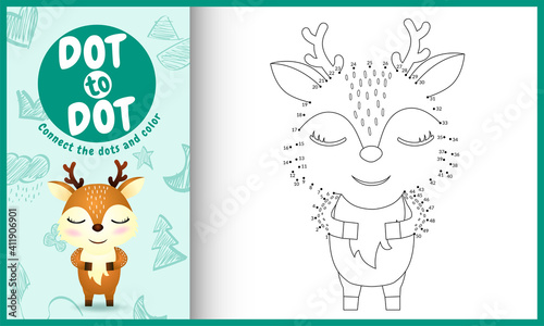 Connect the dots kids game and coloring page with a cute deer character illustration