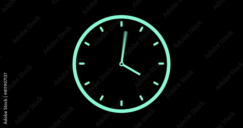 Clock icon with moving arrows in 12 hour loop. Stopwatch animation. Alpha channel
