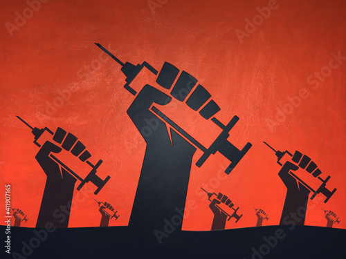 Hands with syringes vaccinations red revolution background