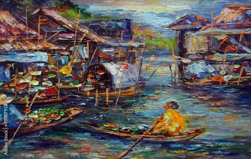 Art painting Oil color Floating market Thailand , Countryside