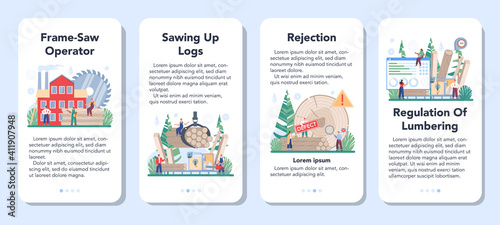 Wood industry mobile application banner set. Frame saw operator