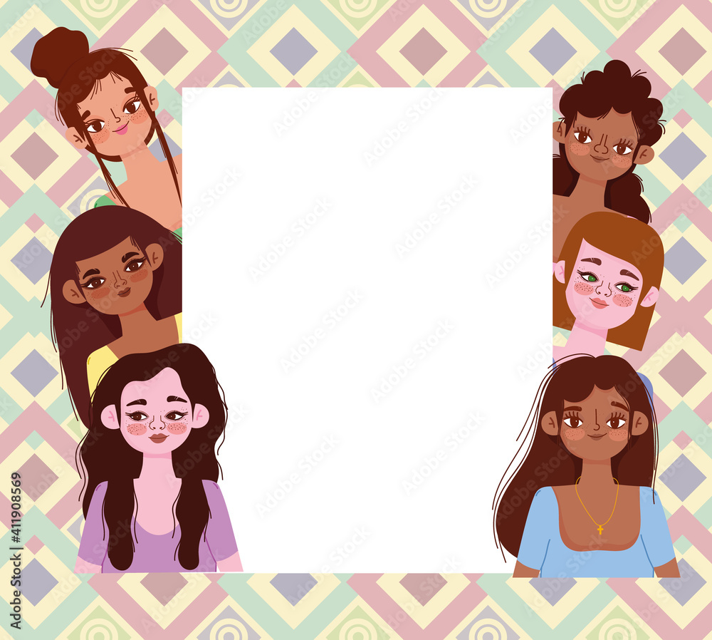young women group diverse female characters on abstract background young women group diverse female characters on abstract background